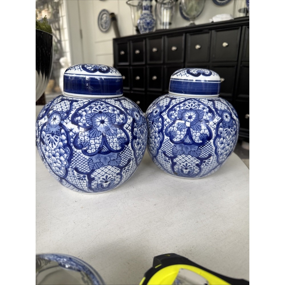 (2) Beautiful-Blue & White-Porcelain Chinese GINGER JARS-Chinoiserie-8.5"H